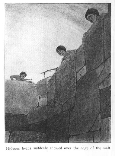 three Miranhas peer over the stone wall