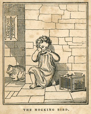 a child cries over a bird, while a cat sits nearby