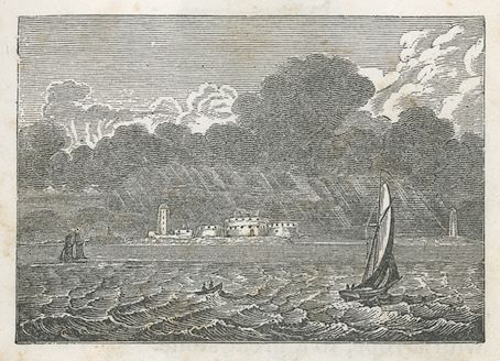 small boats sail on a rough sea near a small city