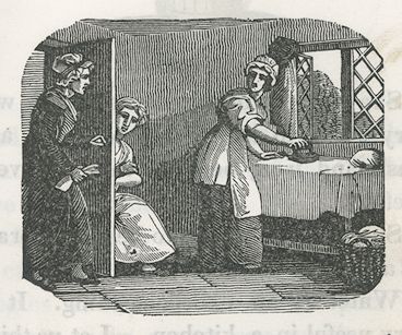 a woman enters a room where another woman watches a woman ironing