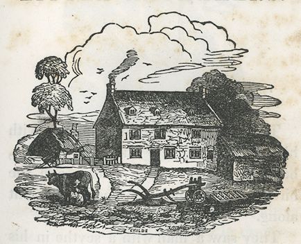 a large house with outbuildings, a cow, and a plow