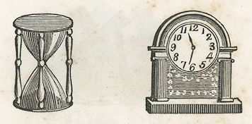 an hourglass and a mantel clock with the hands at 11:31