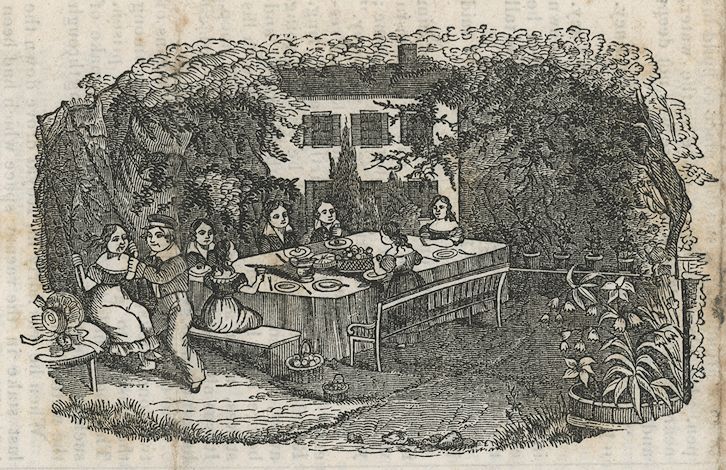 three boys and three girls eat at a table outside a house while a boy helps a girl on a swing