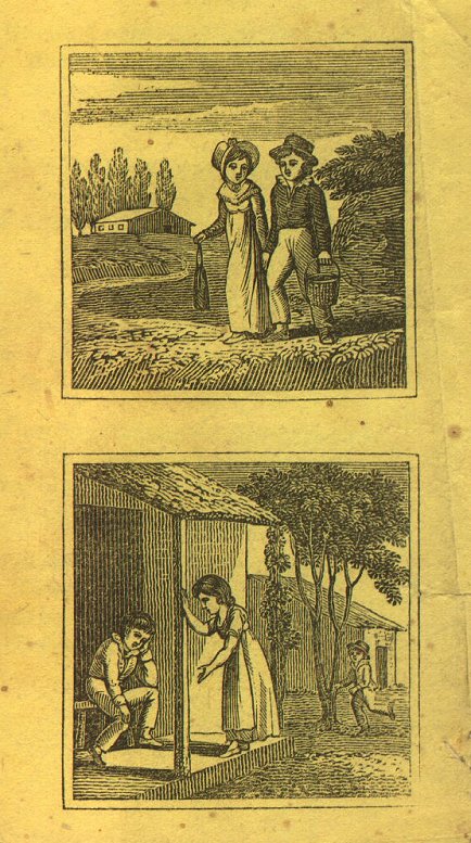 two illus, of boy and girl walking, and of girl upbraiding boy