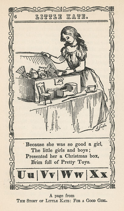 a girl opens a box of toys; poem below