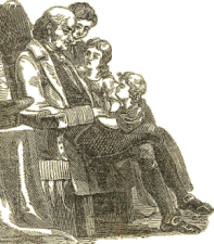 Robert Merry sits inside, talking with three white children