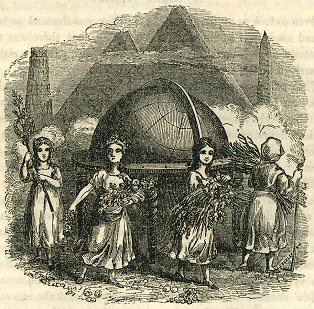 illustration: four little white girls stand around a globe