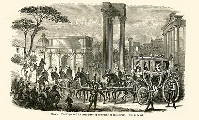 people kneel as a coach passes; Roman ruins in the background