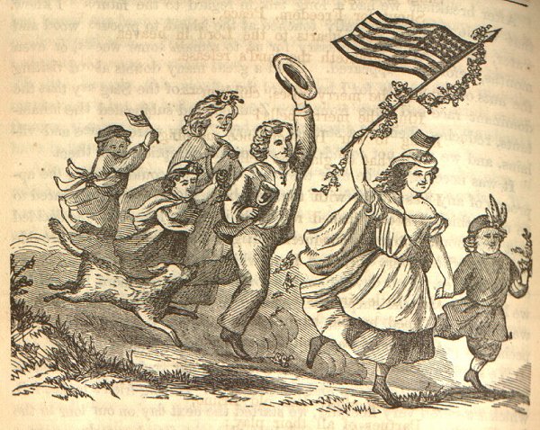 six children and a dog run with an American flag