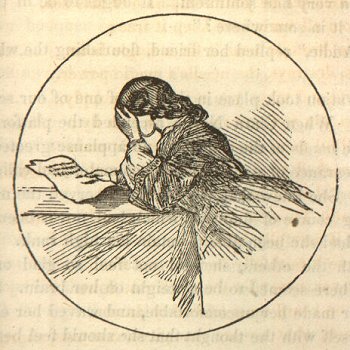 a girl holds a paper in one hand and hides her face