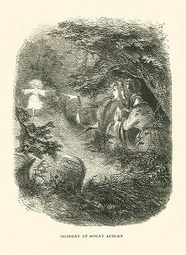 two women in a cemetary gasp as a ghostly little figure runs toward them