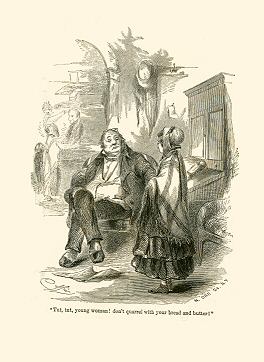 a large man looks down his nose at a young girl