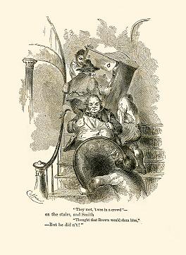 four men wrestling a bureau down the stairs meet a man hauling up an armchair