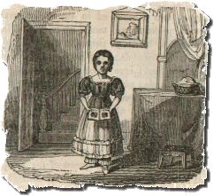 a little girl from the 1830s shows you a book