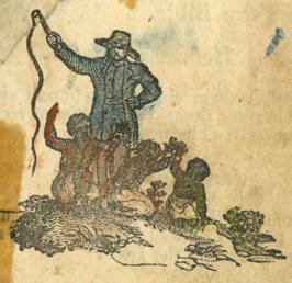white man with whip stands over 3 frightened slaves