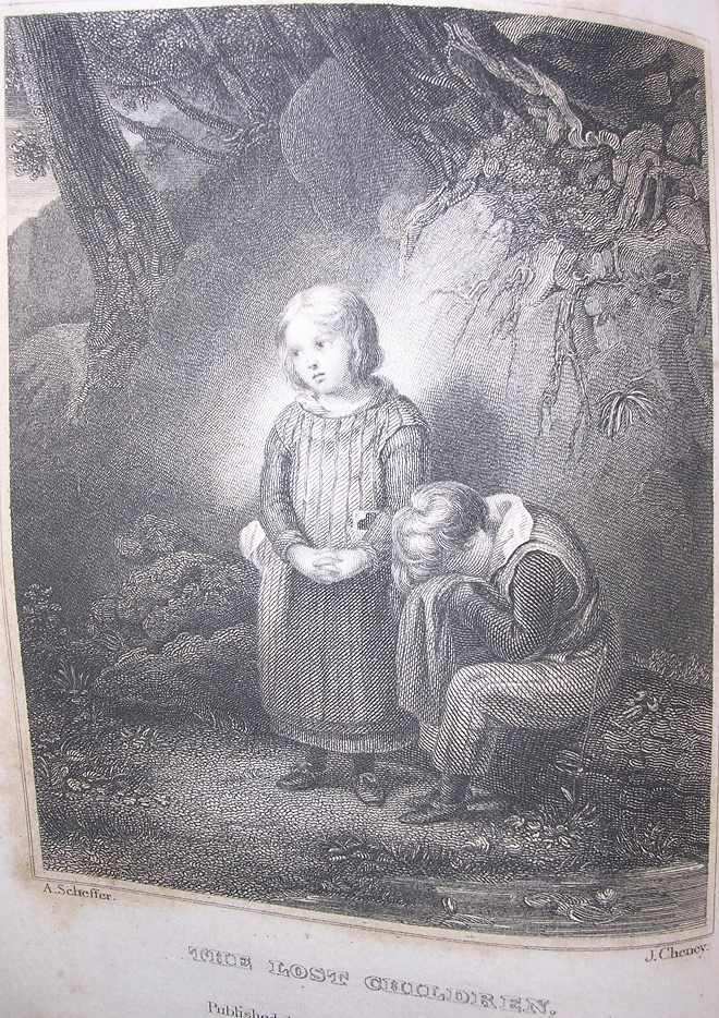 two white children in a landscape; the girl stands looking away while the boy weeps