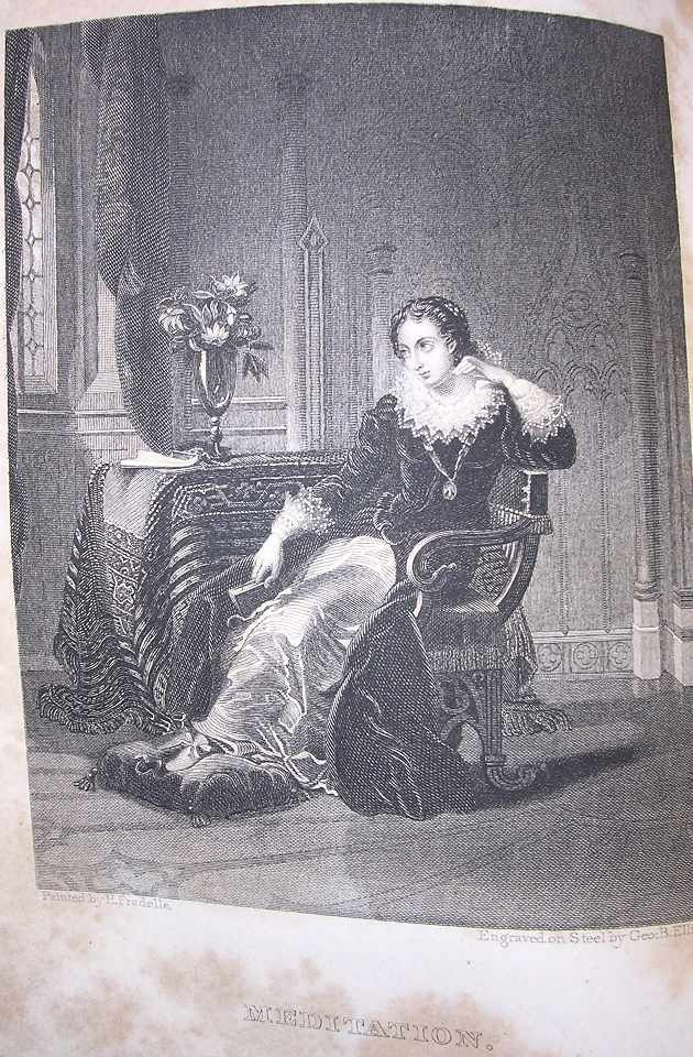 a richly dressed white woman holding a book stares into space