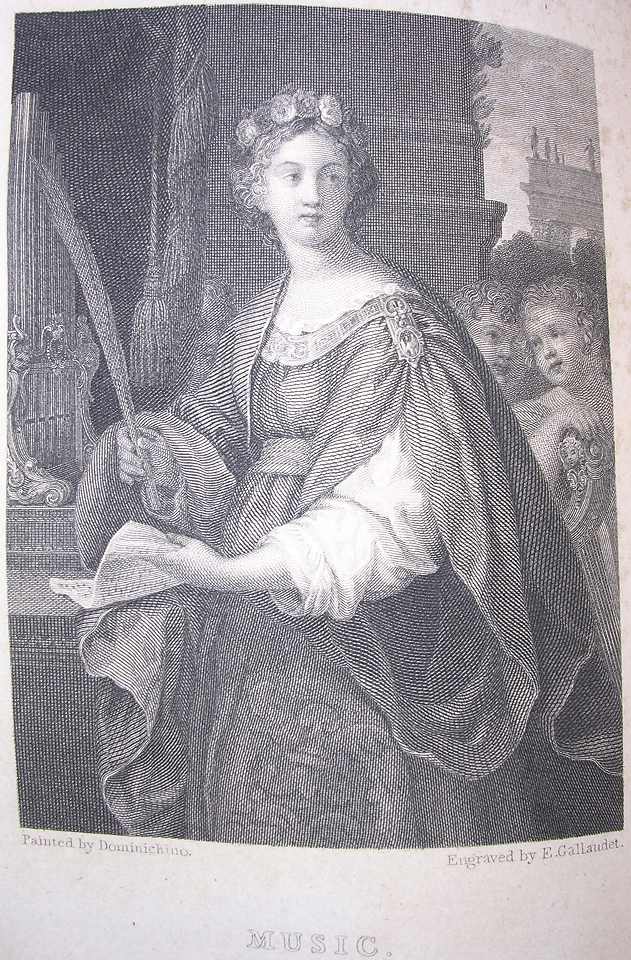 a robed woman wearing a wreath of flowers and holding paper and a feather pen looks off-page; nearby are the pipes of an organ and two children