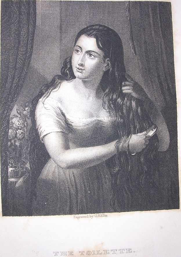 a white woman combs her long dark hair