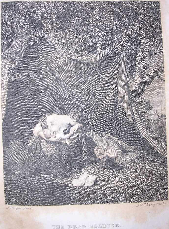 a young white woman weeps beside the body of a soldier while her baby looks out at us