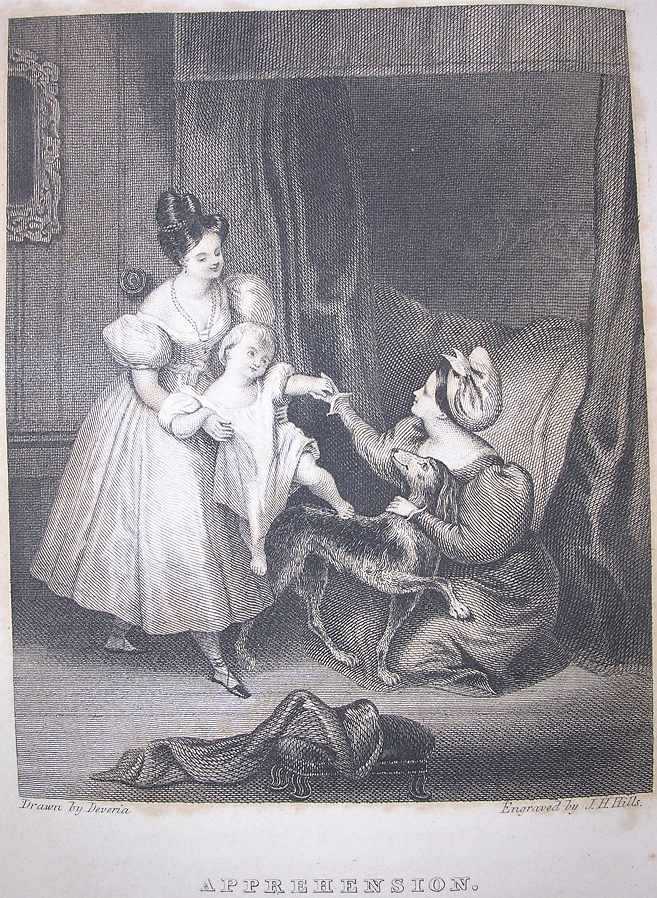a white woman helps a white child sit on a large dog