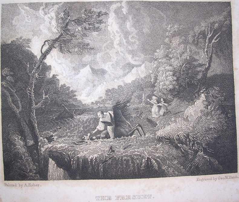 a white man on a horse reaches for a white child and a dog about to float over a waterfall