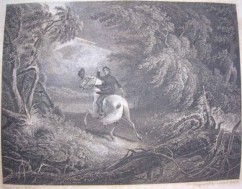 a white man on a horse is alarmed by a tree falling behind them