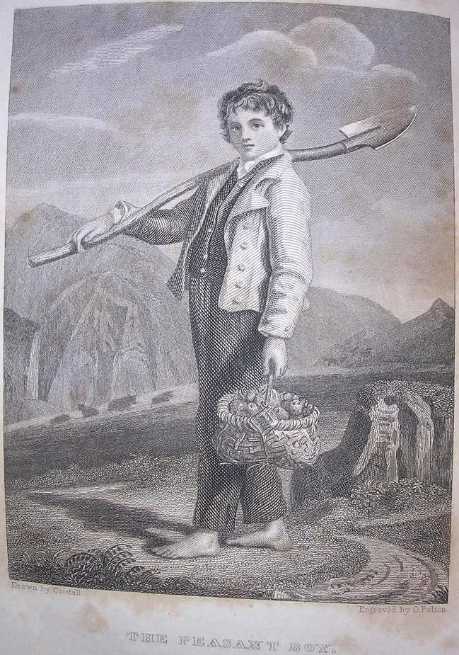 a barefoot white boy carries a shovel and a basket of potatoes