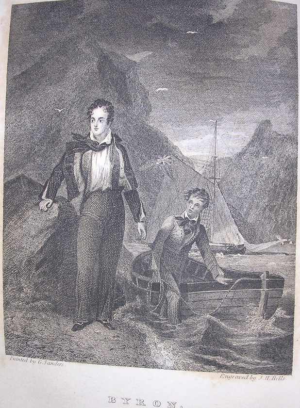 a young Byron stands beside a small boat pulled ashore by a young man