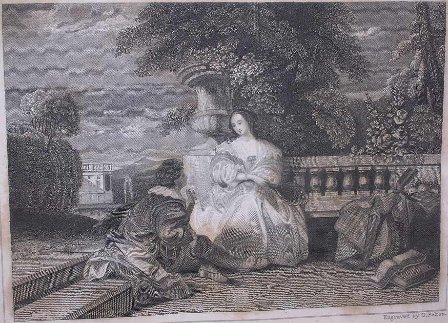 a white woman in 16th-century dress sits on a garden terrace and listens to a white man playing a lute
