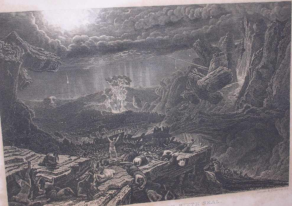 death and destruction and fire and lightning blasting a landscape with people in ancient dress dying everywhere