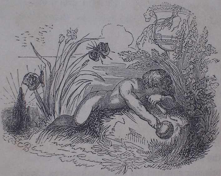 a naked cherub lies face down on a boulder