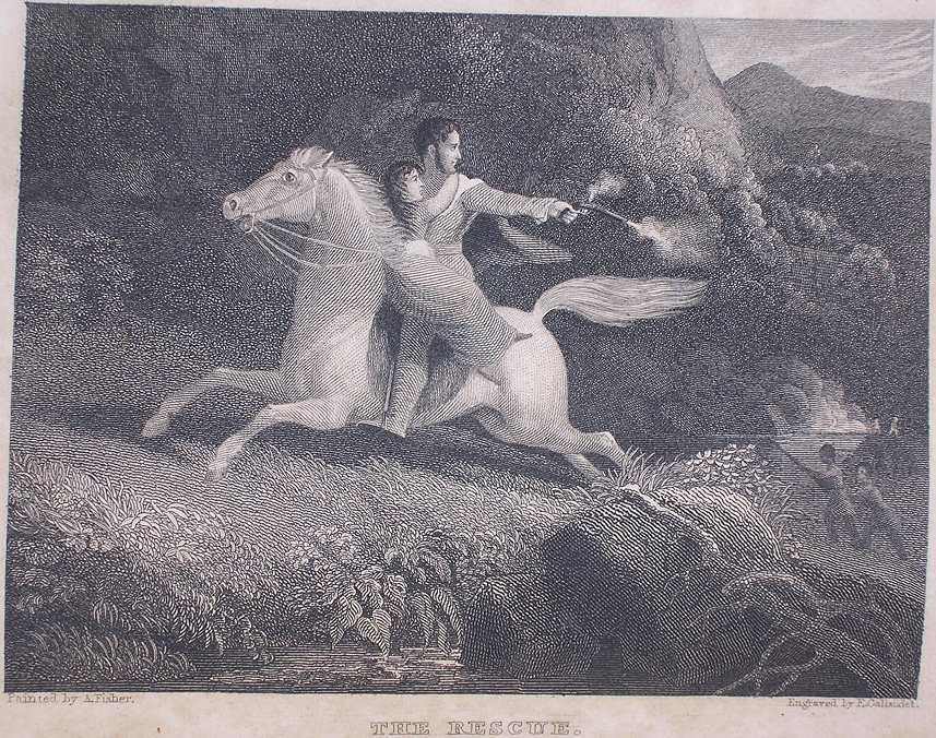 a white man on horseback fires a pistol at shadowy figures; a white child clings to him