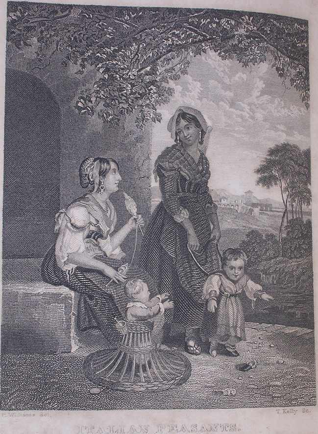 two women dressed as peasants chat and watch two small children
