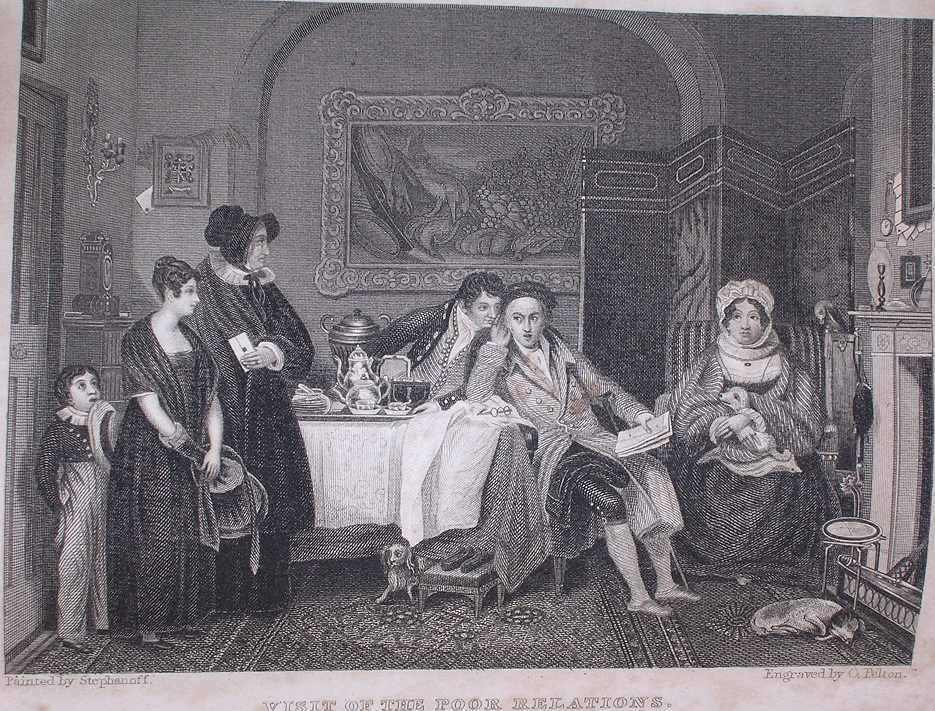 a white man and woman look aghast as a servant informs them that a woman, a teenaged girl, and a boy have come to visit