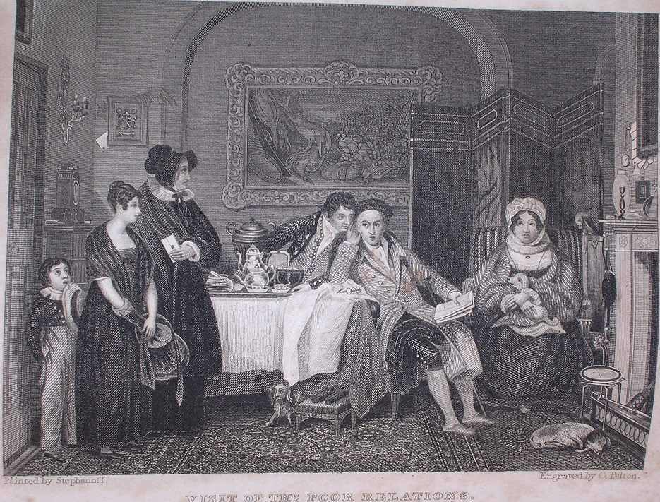 a white man and woman look aghast as a servant informs them that a woman, a teenaged girl, and a boy have come to visit