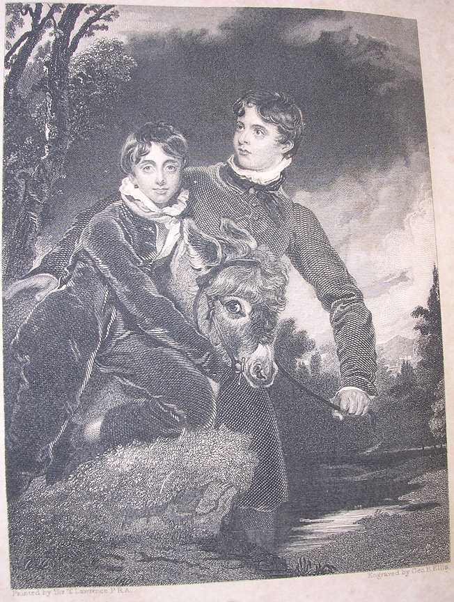 two white boys in velvet play with a donkey