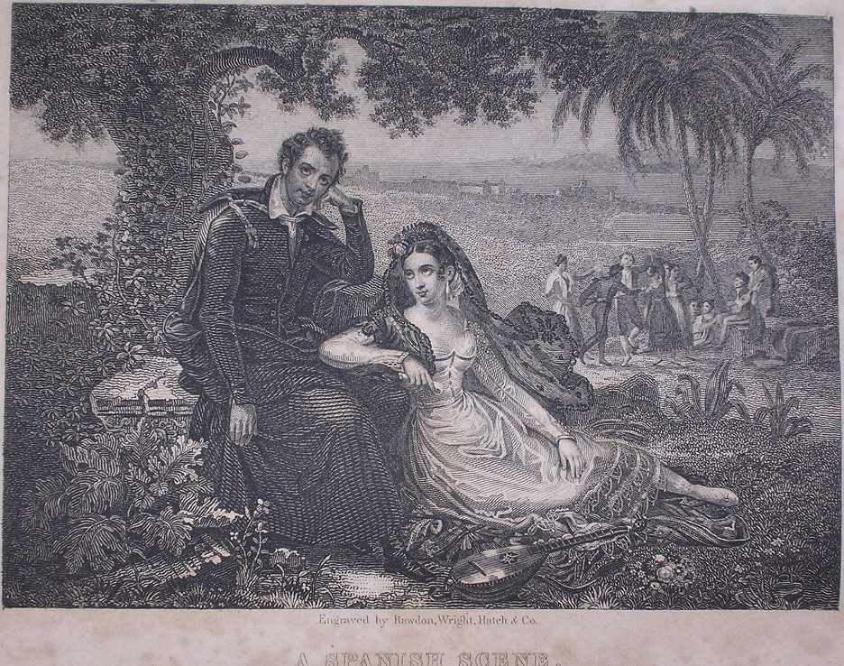 a Spanish man and woman lounge in a landscape while people behind them dance